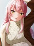  1girl arm_up bangs breasts cable_knit comiket_97 idolmaster idolmaster_cinderella_girls jacket jougasaki_mika large_breasts lips long_hair looking_at_viewer parted_lips pink_hair sweater tsunenorip turtleneck turtleneck_sweater yellow_eyes 