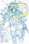  1girl colored_pencil_(medium) commentary_request energy_sword gloves headgear high_ponytail highres holding holding_sword holding_weapon kumichou_(ef65-1118-ef81-95) long_hair looking_at_viewer mecha_musume mechanical_legs monochrome original shattered sheath sketch solo sword thighs torn_clothes traditional_media vambraces weapon white_background 