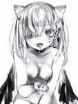  1girl amane_lilia breasts choker completely_nude cum cum_on_hands earrings facial greyscale hair_horns hair_over_one_eye highres indie_virtual_youtuber jewelry looking_at_viewer medium_breasts medium_hair monochrome nanashi_(nlo) navel nipples nude open_mouth simple_background solo virtual_youtuber white_background wings 