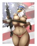  5_fingers absurd_res accessory accipitrid accipitriform ammo_belt ammunition anthro avian aviators bald_eagle bandanna big_breasts bird blue_eyes breast_squish breasts clothed clothing convenient_censorship curvy_figure digital_drawing_(artwork) digital_media_(artwork) eagle eyelashes feathers female fingers gun headband hi_res holding_object holding_weapon huge_breasts kerchief m249 narrowed_eyes navel non-mammal_breasts non-mammal_navel panties patriotic_clothing patriotism pinup politics portrait pose ranged_weapon sea_eagle signature skimpy smile smiling_at_viewer smirk solo squish stars_and_stripes tacticalfur thick_thighs three-quarter_portrait topless underwear united_states_of_america weapon wide_hips 