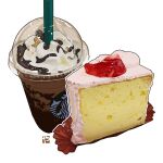  cake cake_slice chiffon_cake chocolate coffee coffee_cup cream cup dessert disposable_cup drink drinking_straw food food_focus iced_coffee no_humans original pastry simple_background starbucks starbucks_siren still_life strawberry_chiffon_cake studiolg white_background 