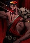  1boy abs armlet bare_pecs black_hair black_sclera blood blood_on_face colored_sclera diaodiao greek_clothes green_eyes hades_(game) head_tilt heterochromia laurel_crown looking_at_viewer male_focus mismatched_sclera muscular muscular_male nipples over_shoulder pectorals red_eyes sash short_hair single_bare_shoulder skull solo weapon weapon_over_shoulder zagreus_(hades) 