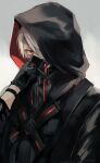  1boy black_gloves black_jacket gas_mask gloves grey_hair hood hood_up jacket kuzuha_(nijisanji) male_focus mask mogayama nijisanji red_eyes solo upper_body vampire virtual_youtuber zipper 