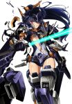  1girl absurdres black_gloves black_hair commentary_request energy_sword gloves headgear high_ponytail highres holding holding_sword holding_weapon kumichou_(ef65-1118-ef81-95) long_hair looking_at_viewer mecha_musume mechanical_legs original purple_eyes shattered sheath solo sword thighs torn_clothes vambraces weapon white_background 