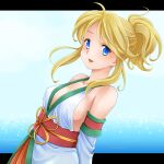  1girl :d bare_shoulders blonde_hair blue_dress blue_eyes blush breasts collarbone commentary_request cosplay detached_sleeves dress flare_en_kuldes gensou_suikoden gensou_suikoden_iv ham_pon highres letterboxed looking_at_viewer medium_breasts obi ocean open_mouth queen_of_obel queen_of_obel_(cosplay) sash short_ponytail sideboob sleeveless sleeveless_dress smile solo 