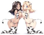  2girls animal_ears animal_print bell bell_collar bikini black_hair blonde_hair blue_eyes blush breasts cameltoe chinese_zodiac collar covered_nipples cow_ears cow_girl cow_horns cow_print cow_tail el_(girls_und_panzer) elbow_gloves eyebrows_visible_through_hair fake_animal_ears fake_horns fake_tail full_body girls_und_panzer gloves groin highres horns kay_(girls_und_panzer) kuzuryuu_kennosuke large_breasts looking_at_viewer micro_bikini multiple_girls navel one_eye_closed open_mouth shiny shiny_hair side-tie_bikini simple_background smile swimsuit tail thighhighs white_background year_of_the_ox 
