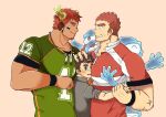  3boys american_football_uniform animal_ears bara between_pecs boy_sandwich brown_hair cow_boy cow_ears cow_horns dark_skin dark_skinned_male facial_hair feather_necklace fiery_horns forked_eyebrows garugaru_wolf03 glowing_horns goatee green_shirt gunzo_(tokyo_houkago_summoners) hand_on_another&#039;s_head head_between_pecs horns male_focus master_1_(tokyo_houkago_summoners) multiple_boys muscular muscular_male pectoral_press pectorals rugby_uniform sandwiched scar_on_arm shirt short_hair short_sleeves simple_background size_difference smile spiked_hair sportswear thick_eyebrows tokyo_houkago_summoners upper_body wakan_tanka yaoi 