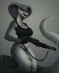  2020 apode bottomless breasts cleavage clothed clothing draconcopode fangs female gun hi_res holding_gun holding_object holding_weapon impracticalart legless monochrome naga nipple_outline non-mammal_breasts open_mouth orange_sclera pupils ranged_weapon reptile scalie serpentine shirt shotgun slit_pupils snake solo spas-12 spot_color topwear video_games viper_(x-com) weapon x-com 