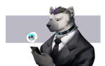  1boy animal_ears arknights black_suit character_request collared_shirt ethan_(arknights) formal frown furry grey_hair highres holding holding_phone jaguar_boy jaguar_ears kou_(ixkouu) male_focus necktie phone shirt short_hair smile solo spot_(arknights) upper_body white_shirt 