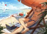  1boy abs arms_behind_head bare_pecs beach bird black_hair brown_eyes bulge cocktail_glass cup day diving_mask diving_mask_on_head drinking_glass facial_mark food fruit highres itadori_yuuji jujutsu_kaisen male_focus male_swimwear mo_si_(z1216150815) nipples outdoors pectorals pigeon pink_hair pov recording short_hair solo spiked_hair stomach swim_briefs swimwear toned toned_male umbrella undercut viewfinder watermelon wet 