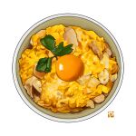  bowl donburi egg egg_yolk food food_focus garnish leaf meat no_humans original simple_background still_life studiolg vegetable white_background 