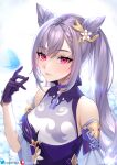  1girl bangs bare_shoulders blush breasts bug butterfly choker double_bun dress genshin_impact gloves hair_ornament helloimtea highres insect keqing large_breasts long_hair looking_at_viewer purple_choker purple_dress purple_gloves purple_hair twintails 