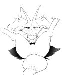  1girl :3 animal_ear_fluff animal_ears animal_nose anus blush body_fur box_(hajimeyou654) braixen commentary fang flat_chest fox_ears fox_girl fox_tail full_body furry gen_6_pokemon greyscale half-closed_eyes happy highres legs_up lineart looking_at_viewer lying monochrome navel no_pussy on_back open_mouth paws pillow pokemon pokemon_(creature) presenting simple_background smile solo spread_legs tail white_background 