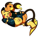  absurd_res anus butt clothing duo female feral genitals hi_res looking_at_viewer looking_back nintendo nipples open_mouth pikachu pok&eacute;mon pok&eacute;mon_(species) presenting presenting_hindquarters presenting_pussy pussy raichu smile spread_legs spreading tongue tongue_out video_games zipzap 