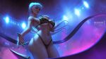  1girl black_bra black_panties bra breasts cleavage evelynn_(league_of_legends) eyelashes highleg highleg_panties highres k/da_(league_of_legends) lace lace_bra lace_panties large_breasts league_of_legends lingerie lips lolliedrop long_hair nose panties reaching_out silver_hair solo stage stage_lights standing the_baddest_evelynn thick_thighs thighs underwear very_long_hair 