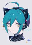  1boy ahoge alternate_hair_color bangs black_jacket brown_eyes cat_ear_headphones closed_mouth commentary_request danganronpa_(series) danganronpa_v3:_killing_harmony face frown goto_(sep) green_hair grey_background hair_between_eyes headphones jacket looking_at_viewer male_focus multicolored multicolored_eyes portrait saihara_shuuichi short_hair solo sparkle striped_jacket 