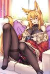  1girl animal_ear_fluff animal_ears bare_shoulders blonde_hair breasts cameltoe character_request cleavage controller copyright_request couch fox_ears fox_girl fox_tail game_console highres huge_breasts long_hair pantyhose playstation_4 shirokuma_a solo sweater tail thighband_pantyhose tight turtleneck very_long_hair yellow_eyes 