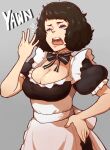  1girl apron bags_under_eyes bow_choker breasts brown_hair chief_(91m10) closed_eyes dress grey_background hand_on_hip hand_to_own_mouth kawakami_sadayo maid maid_apron messy_hair open_mouth persona persona_5 sleepy solo sound_effects tired waist_apron yawning 