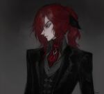  1boy black_jacket brooch brown_background formal hair_over_one_eye jacket jewelry male_focus nat_the_lich original pointy_nose ponytail red_eyes red_hair renard_beauchene_(nat_the_lich) signature solo suit upper_body 