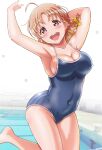  1girl :d ahoge armpits arms_up bare_arms barefoot blue_swimsuit blush braid breasts cleavage collarbone competition_school_swimsuit covered_navel cowboy_shot eyebrows_visible_through_hair gonta_(gshoutai) hair_ribbon highres jumping looking_at_viewer love_live! love_live!_sunshine!! medium_breasts narrow_waist one-piece_swimsuit open_mouth orange_hair pool poolside red_eyes ribbon school_swimsuit short_hair side_braid skin_tight skindentation smile solo spaghetti_strap swimsuit takami_chika taut_clothes taut_swimsuit tress_ribbon undersized_clothes upper_teeth yellow_ribbon 