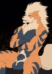  abstract_background animal_genitalia anthro anthrofied arcanine balls big_balls black_body black_fur blush body_hair canid canine crossed_arms fluffy fluffy_tail fully_sheathed fur furdo genitals happy_trail hi_res male mammal muscular muscular_anthro muscular_male neck_tuft nintendo nude open_mouth orange_body orange_fur pok&eacute;mon pok&eacute;mon_(species) pubes sheath sitting solo tuft video_games 