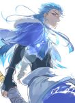  1boy belt blue_hair bracelet capelet closed_mouth cu_chulainn_(fate)_(all) cu_chulainn_(fate/grand_order) earrings fate/grand_order fate_(series) floating_hair from_side fur-trimmed_hood fur_trim hood hood_down hooded_capelet iz_izhara jewelry lens_flare long_hair looking_at_viewer male_focus red_eyes skin_tight solo spiked_hair type-moon 