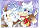  1girl absurdres artist_name bangs blue_eyes blush boots border breast_grab breath cross fur_trim grabbing hat highres light_blue_hair long_hair nipples open_mouth original page_number panties ramiya_ryou reindeer riding scan side-tie_panties solo sweat thighhighs underwear white_legwear 