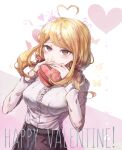  1girl ahoge akamatsu_kaede alternate_costume alternate_hairstyle bangs blonde_hair blush box breasts center_frills commentary_request danganronpa_(series) danganronpa_v3:_killing_harmony eyebrows_visible_through_hair frills goto_(sep) hair_ornament hairclip hands_up happy_valentine heart heart_ahoge heart_hair_ornament holding holding_box large_breasts long_hair long_sleeves looking_at_viewer low_twintails purple_eyes shirt shirt_tucked_in skirt smile solo twintails valentine white_shirt x_hair_ornament 