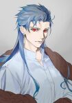  1boy alternate_costume blue_hair buttons close-up cu_chulainn_(fate)_(all) cu_chulainn_(fate/grand_order) earrings expressionless fate/grand_order fate_(series) iz_izhara jewelry long_hair male_focus multiple_piercings red_eyes simple_background solo spiked_hair type-moon 