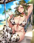  1girl absurdres animal_ears animal_print armpits bangs beach beach_chair beach_umbrella bell bell_collar bikini blue_sky blurry blurry_background bow bowtie bracelet breasts brown_hair cloud cloudy_sky collar commentary_request cow_ears cow_horns day eyebrows_visible_through_hair fake_animal_ears gan_(shanimuni) hair_ornament highleg highleg_bikini highres horns jewelry large_breasts lips long_hair looking_at_viewer mole mole_on_breast mole_under_eye navel open_mouth original outdoors palm_leaf palm_tree ponytail pulled_by_self purple_eyes revision shadow shiny shiny_hair shiny_skin sitting sky solo stomach sweat sweatdrop swimsuit thighhighs thighs tied_hair tree umbrella water 