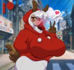  &lt;3 anthro big_breasts breasts bubble bubble_gum city clothing female hand_in_pocket hi_res hoodie lagomorph leporid mammal mastergodai peace_signs pockets rabbit solo speech_bubble sweater topwear 