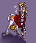  andromorph_(lore) blonde_hair bottomless bracelet cigarette cigarette_in_mouth clothed clothing crown cutie_mark ear_piercing ear_ring equid equine facial_piercing fan_character feral front_view grin hair hasbro hi_res horn jacket jewelry looking_at_viewer mammal my_little_pony necklace nose_piercing nose_ring piercing purple_eyes raised_leg red_clothing red_jacket red_topwear rottenscoundrel smile solo tail_jewelry tail_ring teeth topwear trash_can trash_prince unicorn white_horn 