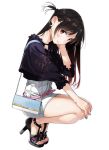  1girl bag bangs belt black_footwear braid brown_hair earrings eyebrows_visible_through_hair french_braid full_body hand_to_head handbag heart heart_earrings heel_raised high_heels highres jewelry kanojo_okarishimasu legs_together long_hair looking_at_viewer mizuhara_chizuru open_toe_shoes purple_nails red_eyes simple_background smile solo squatting toenail_polish toes white_background 