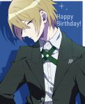  1boy bangs blonde_hair blue_background blue_eyes border collared_shirt commentary_request danganronpa:_trigger_happy_havoc danganronpa_(series) dress_shirt glasses green_neckwear happy_birthday highres jacket looking_at_viewer male_focus nekoma_hikaru open_clothes open_jacket profile school_uniform shirt short_hair sideways_glance simple_background solo togami_byakuya upper_body white_border white_shirt 