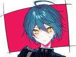  1boy ahoge bangs blush border closed_mouth commentary_request danganronpa_(series) danganronpa_v3:_killing_harmony face frown goto_(sep) green_hair hair_between_eyes looking_at_viewer male_focus portrait red_background saihara_shuuichi short_hair solo sweatdrop upper_body white_background white_border yellow_eyes 