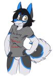  alpha_channel anthro black_hair blue_body blue_fur canid canine canis clothing curled_tail domestic_dog fur grey_body grey_fur hair humor husky male mammal nordic_sled_dog shirt solo spitz steele(codesteele) t-shirt topwear trexqueen white_body white_fur 