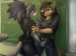  aki_de-volfs.ar anthro bodily_fluids canid canine chalk chalkboard classroom clothing duo female male mammal school sweat 