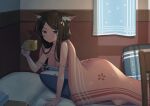  1girl alarm_clock animal_ear_fluff animal_ears bangs bare_shoulders bed black_hair blue_eyes breasts camisole cat_ears cleavage clock eyebrows_visible_through_hair fish_pillow long_hair medium_breasts nekoze_(s22834712) off_shoulder original parted_bangs solo tissue_box tu_ya_(nekoze) 