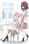  2girls :d ^_^ brown_hair classroom closed_eyes hair_between_eyes hairdressing holding holding_hair kagamihara_nadeshiko long_hair medium_hair multiple_girls open_mouth pink_hair school school_uniform shiroshi_(denpa_eshidan) shoes sitting smile socks standing toki_ayano uwabaki yurucamp 