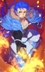  1boy angry blue_hair bracelet capelet cu_chulainn_(fate)_(all) cu_chulainn_(fate/grand_order) earrings fate/grand_order fate_(series) fire floating_hair foreshortening fur-trimmed_hood fur_trim holding holding_staff hood hood_down hooded_capelet iz_izhara jewelry long_hair male_focus red_eyes signature solo spiked_hair staff type-moon 