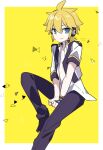  1boy between_legs blonde_hair blue_moon_(module) commentary fingerless_gloves gloves hand_between_legs headphones kagamine_len male_focus open_clothes open_shirt project_diva_(series) shirt single_glove sitting smile solo spiked_hair vocaloid white_shirt yellow_background yoshiki 