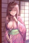  1girl ;) after_bathing alternate_hairstyle breasts brown_hair cleavage doki_doki_literature_club finger_in_mouth finger_to_mouth green_eyes hair_down highres huge_breasts index_finger_raised indoors japanese_clothes kimono long_hair looking_at_viewer monika_(doki_doki_literature_club) no_bra one_eye_closed pink_kimono potetos7 smile sweat wet wet_hair yukata 