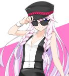  1girl adjusting_clothes adjusting_headwear bare_shoulders belt black_headwear blue_eyes braid cevio commentary conqueror_(cevio) hat highres ia_(vocaloid) long_hair looking_at_viewer pink_hair sena_kizahashi shirt smile solo sunglasses twin_braids upper_body very_long_hair vocaloid white_shirt wrist_cuffs 