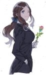  1girl alternate_costume alternate_hairstyle blue_eyes bow_hairband breasts brown_hair coattails ears fate/grand_order fate_(series) flower formal from_side gloves hairband hand_in_pocket holding holding_flower large_breasts leonardo_da_vinci_(fate/grand_order) one_eye_closed ponytail sidelocks solo suit wani_(mezo) 