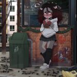  1:1 2021 absurd_res anthro blush clothing drinking eyewear female glasses gothbunnyboy hi_res ketzio11 leaf mammal outside red_eyes solo standing trash_can window young 