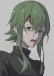  1girl black_shirt blood blood_on_face commentary crying crying_with_eyes_open frown green_hair grey_background gumi injury looking_to_the_side medium_hair open_mouth portrait shirt sidelighting sideways_glance solo tears upper_body vocaloid wounds404 