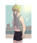  1boy alternate_costume amami_rantarou antenna_hair bangs bare_arms bare_shoulders black_shorts blonde_hair border collarbone cowboy_shot danganronpa_(series) danganronpa_v3:_killing_harmony dangyu_(danganpa) earrings fence from_side green_background green_eyes green_hair grey_shirt hair_between_eyes hand_up highres jewelry lifted_by_self male_focus midriff navel outside_border profile shirt shirt_lift short_hair shorts sleeveless solo standing stomach sweat tank_top 