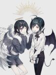 ahoge alternate_costume angel_and_devil angel_wings black_hair black_horns book brown_eyes commentary_request danganronpa_(series) danganronpa_v3:_killing_harmony demon_horns demon_tail demon_wings dress_shirt feathered_wings feet_out_of_frame finger_to_mouth goto_(sep) grey_background halo hand_on_another&#039;s_shoulder hands_up highres holding holding_book horns looking_at_viewer male_focus multiple_boys one_eye_closed open_mouth ouma_kokichi pants purple_eyes saihara_shuuichi shiny shiny_hair shirt shirt_tucked_in short_hair shorts shushing striped striped_pants tail white_shirt white_wings wings 