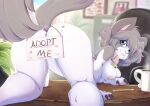  anthro bell bent_over beverage blue_eyes blurred_background breasts butt claws coffee coffee_mug collar cup desk domestic_cat felid feline felis female furniture mammal mochi_(rainbowscreen) nipples pencil_(object) presenting presenting_hindquarters rainbowscreen raised_tail sign solo spread_legs spreading 