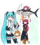  &gt;_&lt; 4girls ^^^ aqua_eyes aqua_hair aqua_neckwear aragai0157 armband arms_up bare_shoulders black_shirt black_skirt black_sleeves blonde_hair blush_stickers boots bow carrying_overhead commentary detached_sleeves fish fishing fishing_hook fishing_rod gold_trim hair_bow hair_ornament hairclip hatsune_miku holding holding_fishing_rod kagamine_rin knee_boots long_hair long_skirt megurine_luka miniskirt multiple_girls necktie octopus pink_hair pleated_skirt shirt side_slit single_arm_warmer skirt sleeveless sleeveless_shirt smile sweat takoluka thighhighs traditional_media triangle_mouth tuna twintails very_long_hair vocaloid white_bow white_shirt 